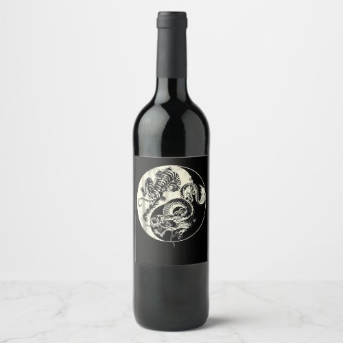 Dragon With Tiger Tattoo YIN And Yang Beast Fight Wine Label
