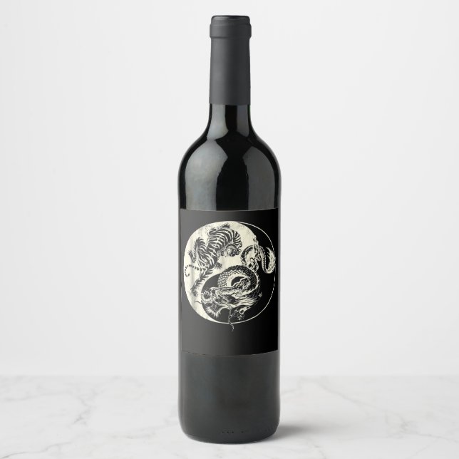 Dragon With Tiger Tattoo YIN And Yang Beast Fight Wine Label (Front)