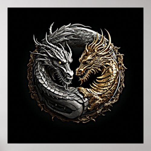 Dragon Yin Yang Art Gold and Silver Poster