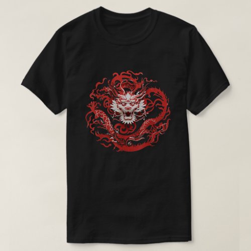 Dragon Zodiac Red White Paper_Cutting Style Asian T_Shirt