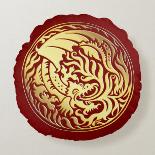Dragoncircle - Gold on Red Round Pillow