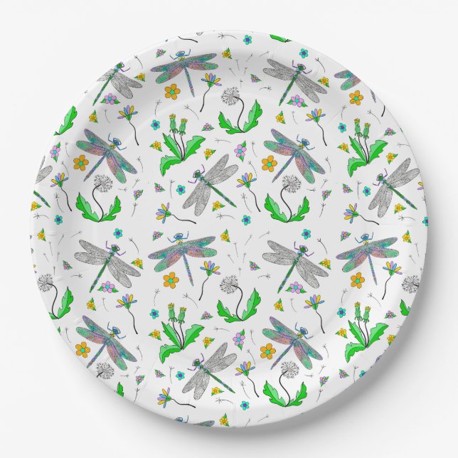 Dragonflies and Dandelions Paper Plates (Front)