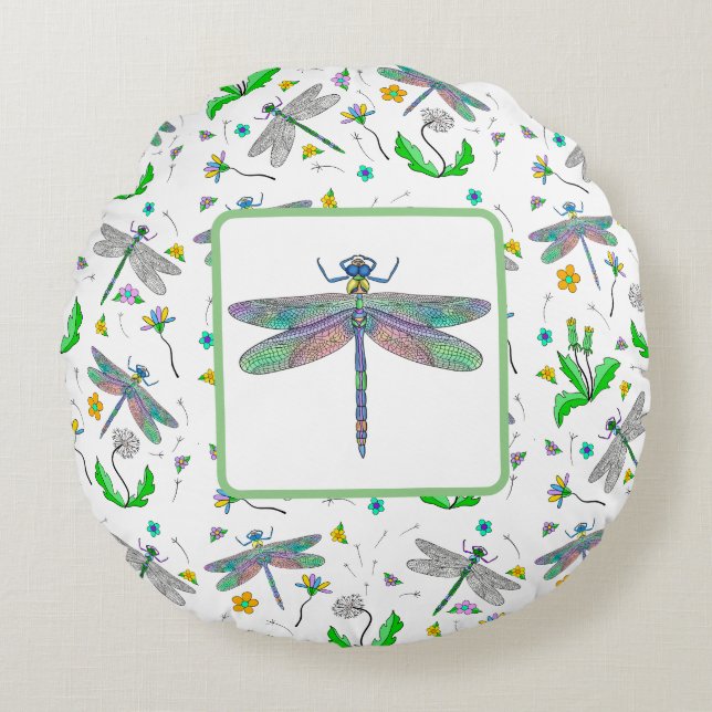 Dragonflies and Dandelions Round Pillow (Front)