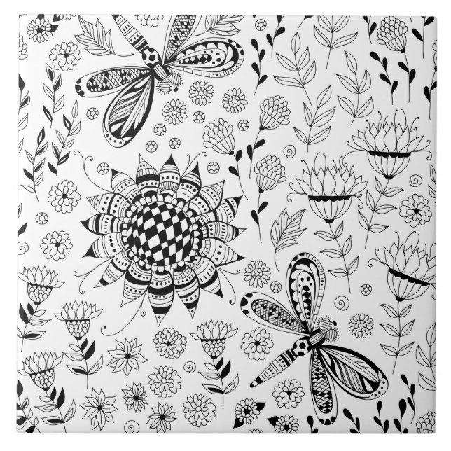 Dragonflies and flowers ceramic tile (Front)