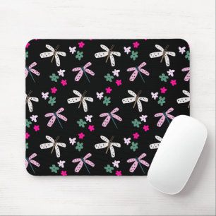 Dragonflies and Flowers On Black Mouse Pad