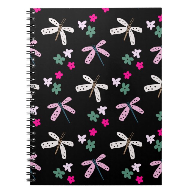 Dragonflies and Flowers On Black Notebook (Front)