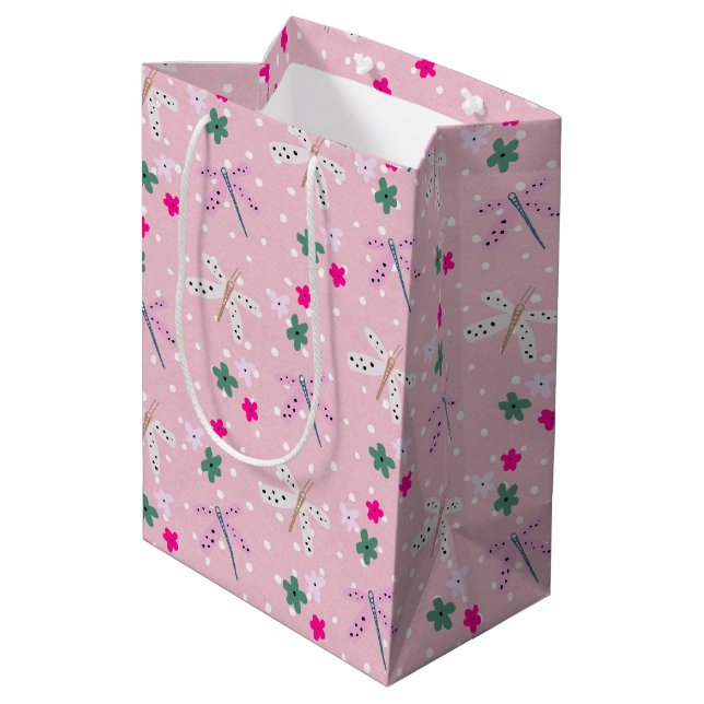 Dragonflies and Flowers On Polka Dots Medium Gift Bag (Back Angled)