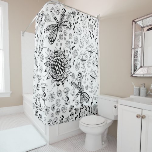 Dragonflies and flowers shower curtain