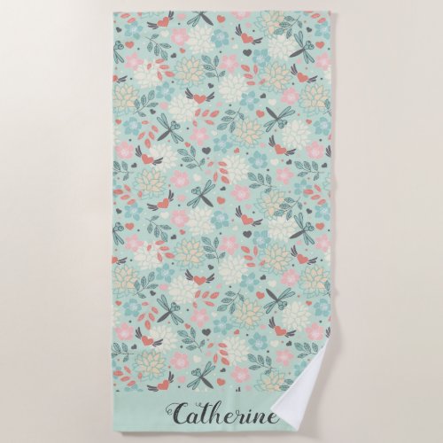 Dragonflies and Hearts Floral Beach Towel