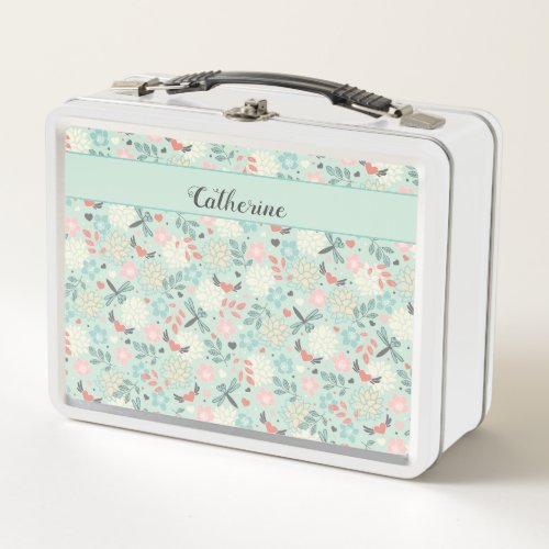 Dragonflies and Hearts Floral Metal Lunch Box