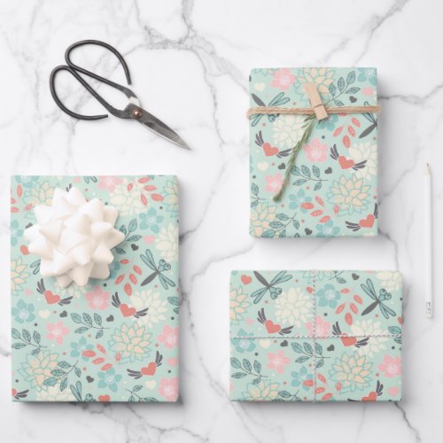 Dragonflies and Hearts Pretty Floral Wrapping Paper Sheets