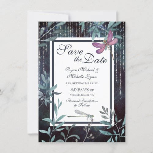 Dragonflies and Lights Evening Garden Wedding Save The Date