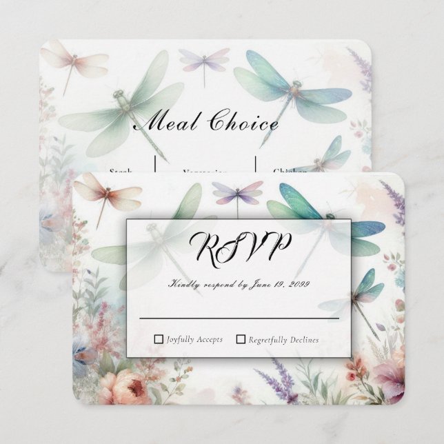 Dragonflies and Pastel Florals Wedding RSVP Card (Front/Back)