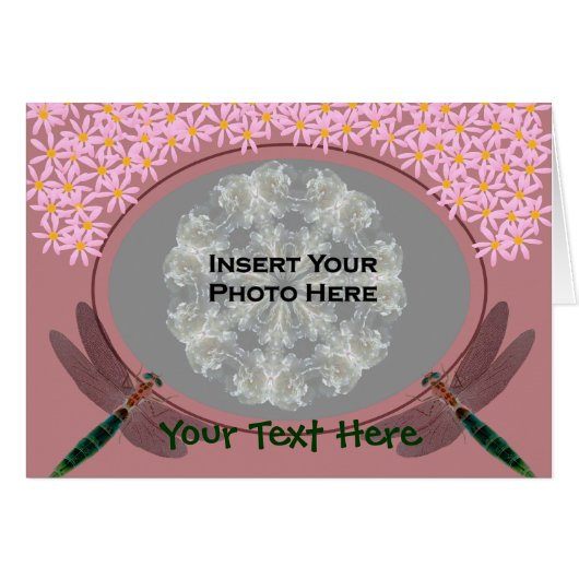 Dragonflies And Pink Daisy Flowers Photo Card (Front Horizontal)