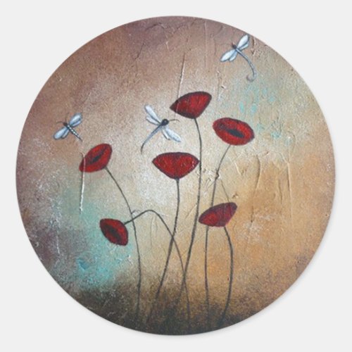 Dragonflies and Poppies Classic Round Sticker