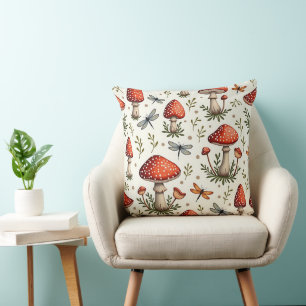 Dragonflies and Red Mushrooms Throw Pillow