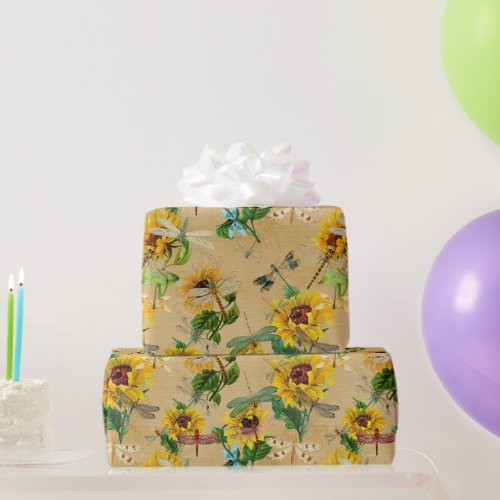 Dragonflies and Sunflowers Yellow Green Tan  Wrapping Paper