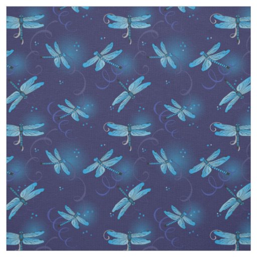 Dragonflies and Swirls Pattern in Midnight Blue Fabric