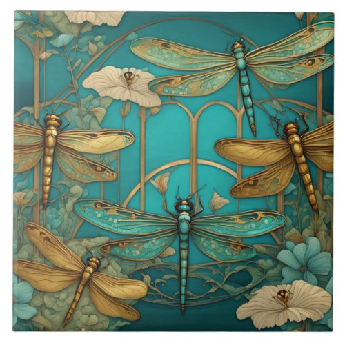 Dragonflies Art Nouveau Art Deco Teal Dragonfly Ceramic Tile