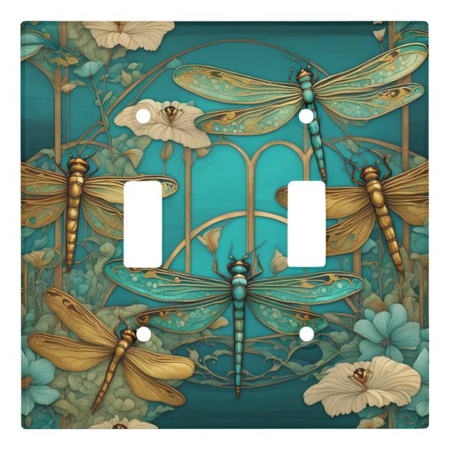 Dragonflies Art Nouveau Art Deco Teal Dragonfly Light Switch Cover (Front)