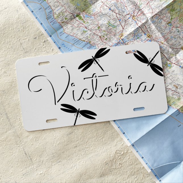 Dragonflies Black White Name License Plate (In Situ)
