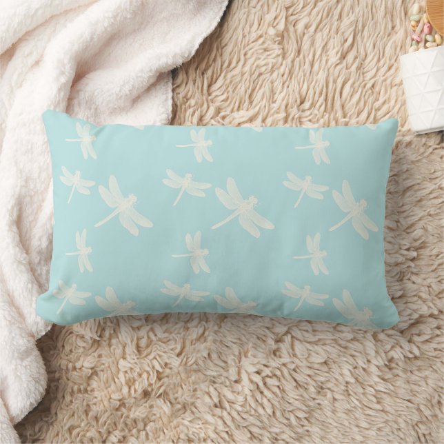 Dragonflies Blue Cream Pattern Lumbar Pillow (Blanket)