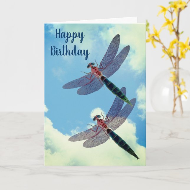 Dragonflies Blue Sky Nature Birthday Card (Yellow Flower)
