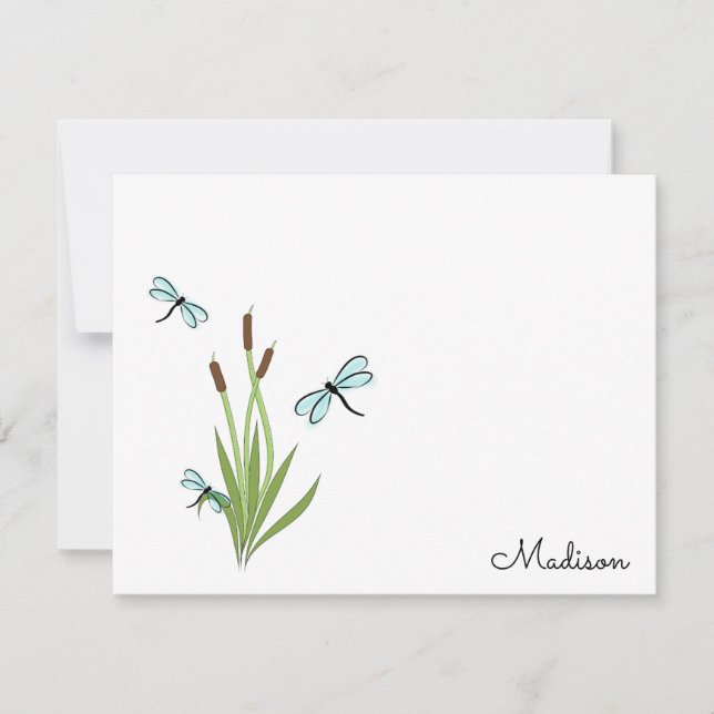 Dragonflies & Cattails Personalized Note Cards (Front)