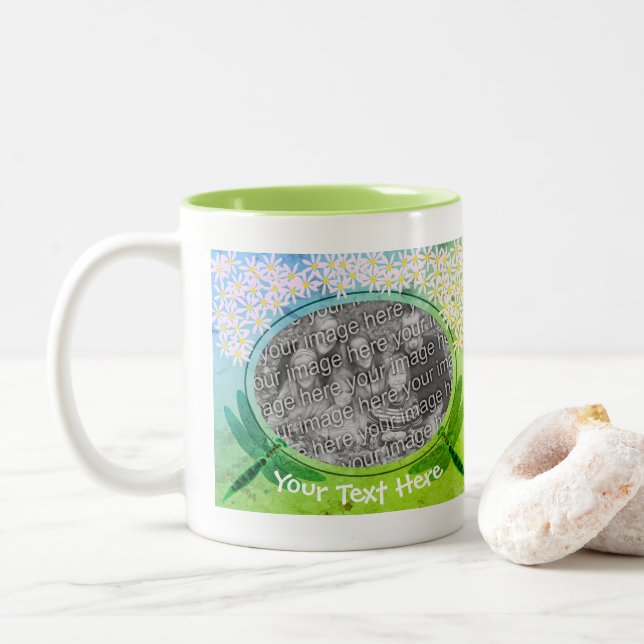 Dragonflies Daisy Flowers Personalized Photo  Two-Tone Coffee Mug (With Donut)