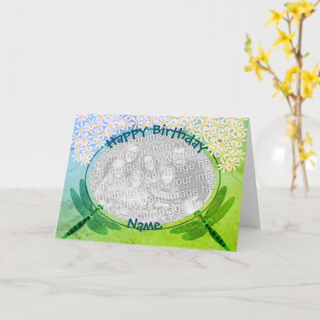 Dragonflies Daisy Personalized Photo Birthday Card (Yellow Flower)