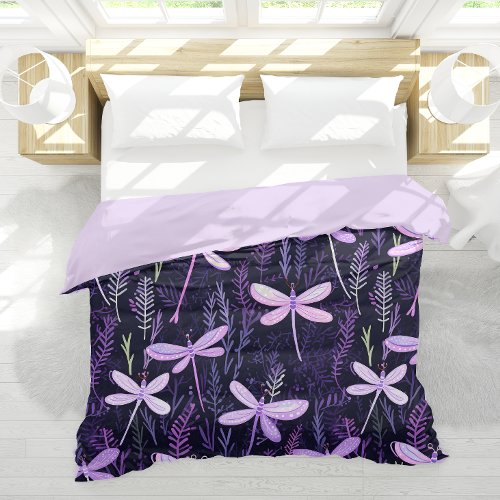 Dragonflies Dark Purple Nature Girly Pattern Duvet Cover