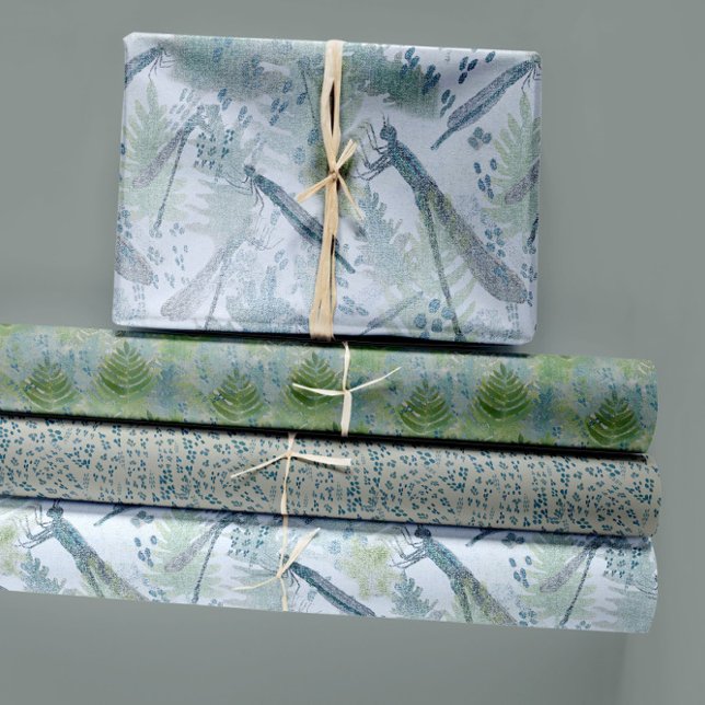 Dragonflies Floral Blue Trio Decoupage Wrapping Paper Sheets (Dragonflies Ferns Dew Drops Blues Greens Wrapping Paper Sheets from Studio Posies.)