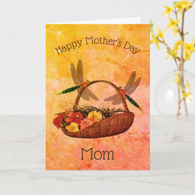 Dragonflies Flower Basket Art Mother's Day Card (Yellow Flower)