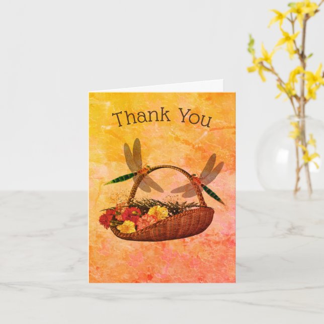 Dragonflies Flower Basket Art Thank You Card (Yellow Flower)