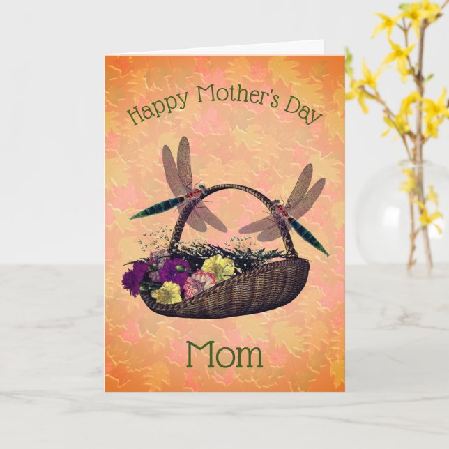 Dragonflies Flower Basket Mother's Day Card (Yellow Flower)