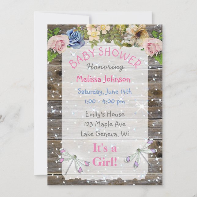 Dragonflies, Flowers and Sparkles Baby Shower Invitation (Front)