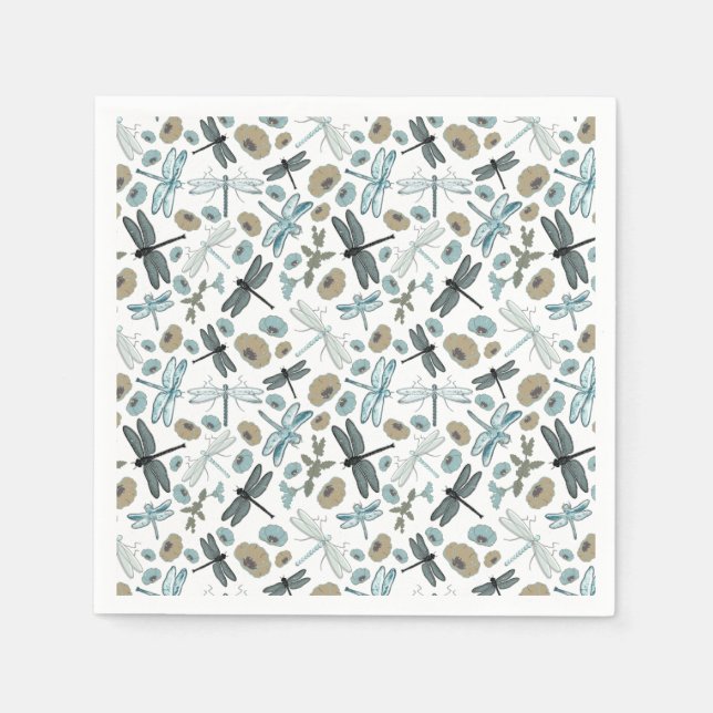 Dragonflies Flowers Blues Gray Pattern Napkins (Front)
