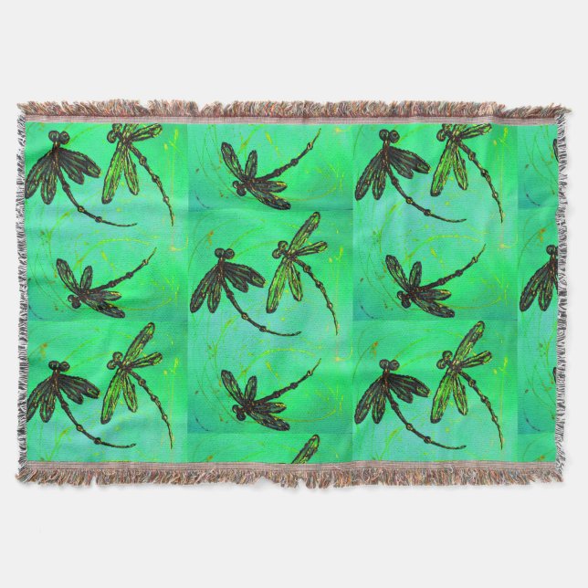 Dragonflies Gorgeous Green & Turquoise Twist Throw Blanket (Front)