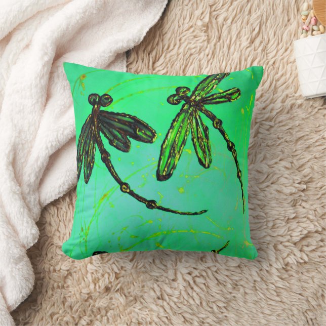 Dragonflies Gorgeous Green & Turquoise Twist Throw Pillow (Blanket)