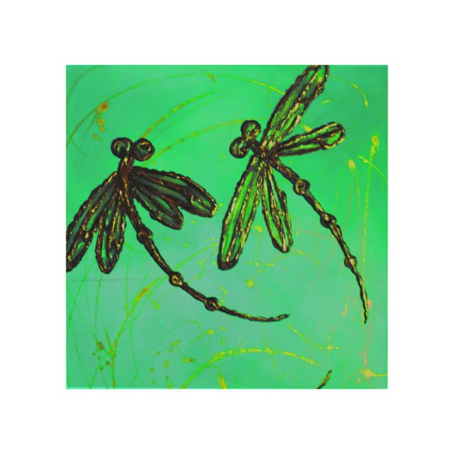 Dragonflies Gorgeous Green & Turquoise Twist Wood Wall Art (Front)