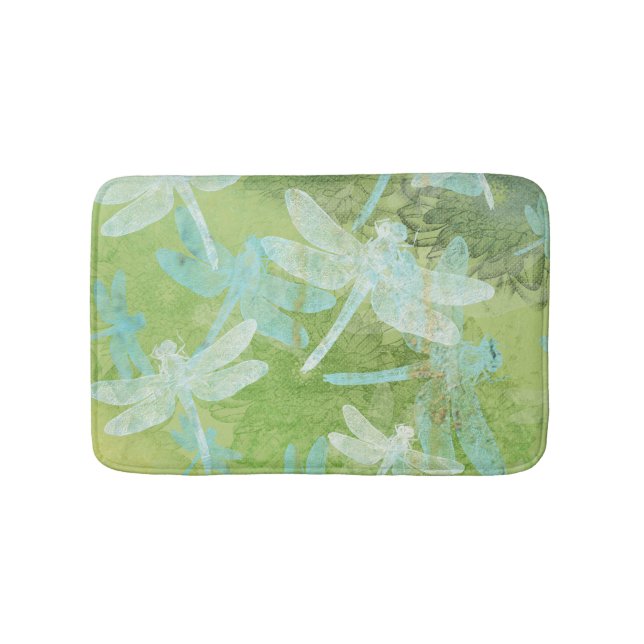 Dragonflies Green Teal Cream Pattern Bathroom Mat (Front)