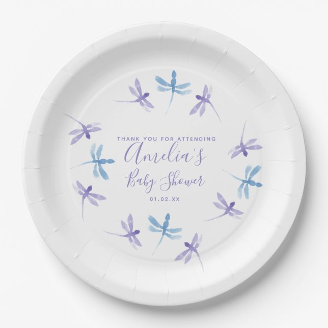 Dragonflies Hand Painted Baby Shower  Paper Plates (Front)