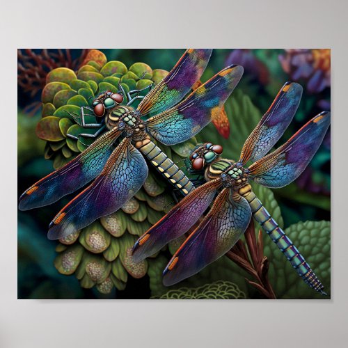 Dragonflies in a Colorful Garden Poster