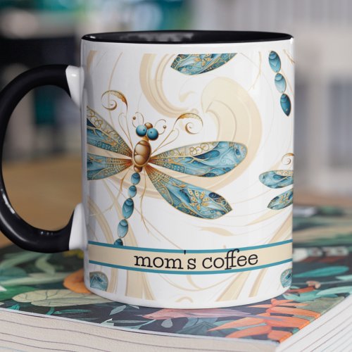 Dragonflies in Flight Pattern in Aqua and Gold  Mug