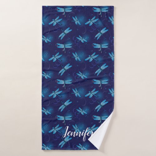 Dragonflies Magical Midnight Blue Nature Patterned Bath Towel