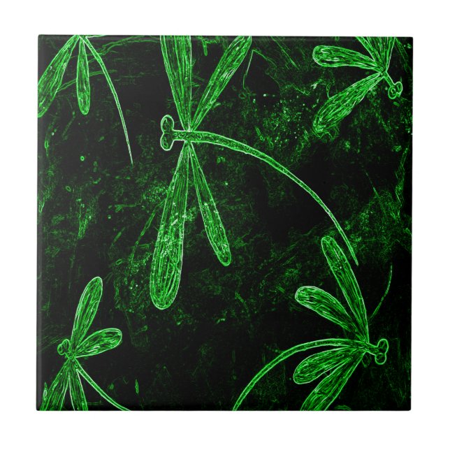 Dragonflies Neon Green Ceramic Tile (Front)