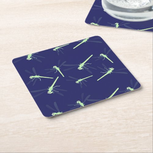 Dragonflies on blue square paper coaster