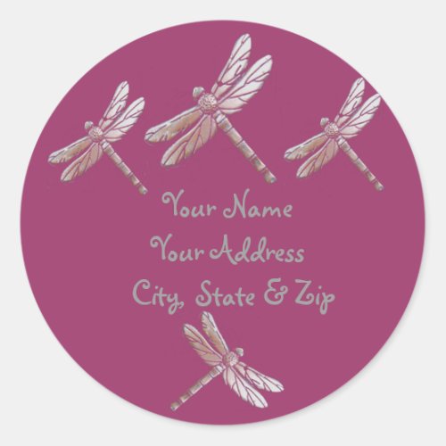 Dragonflies on Burgandy Classic Round Sticker