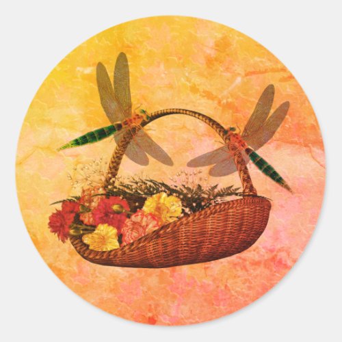 Dragonflies On Flower Basket Nature Art Classic Round Sticker
