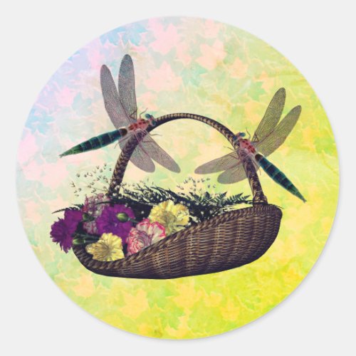 Dragonflies On Flower Basket Nature  Classic Round Sticker